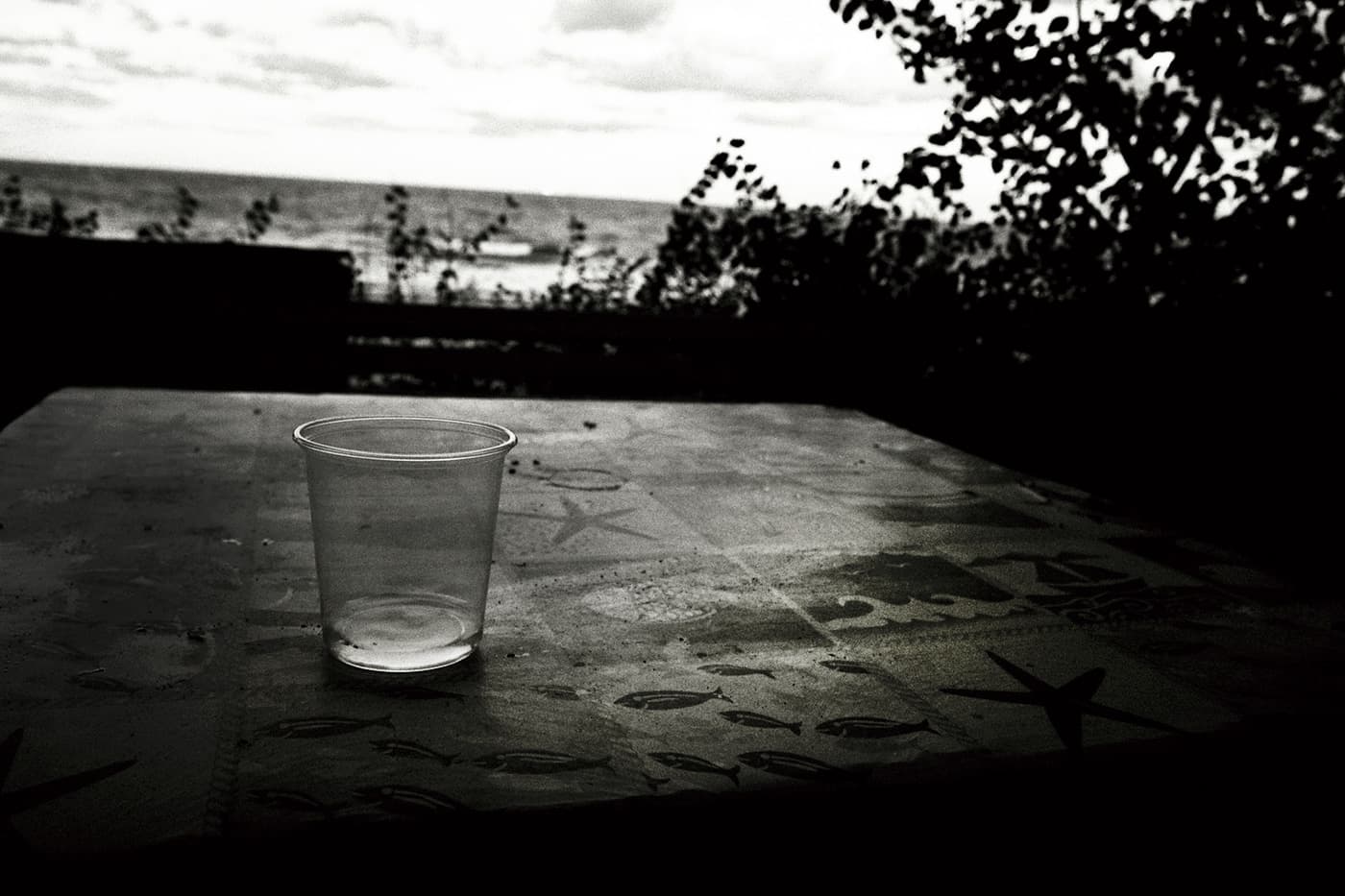 Empty table with a cup, a sea view, and a tablecloth patterned with fish and starfish.