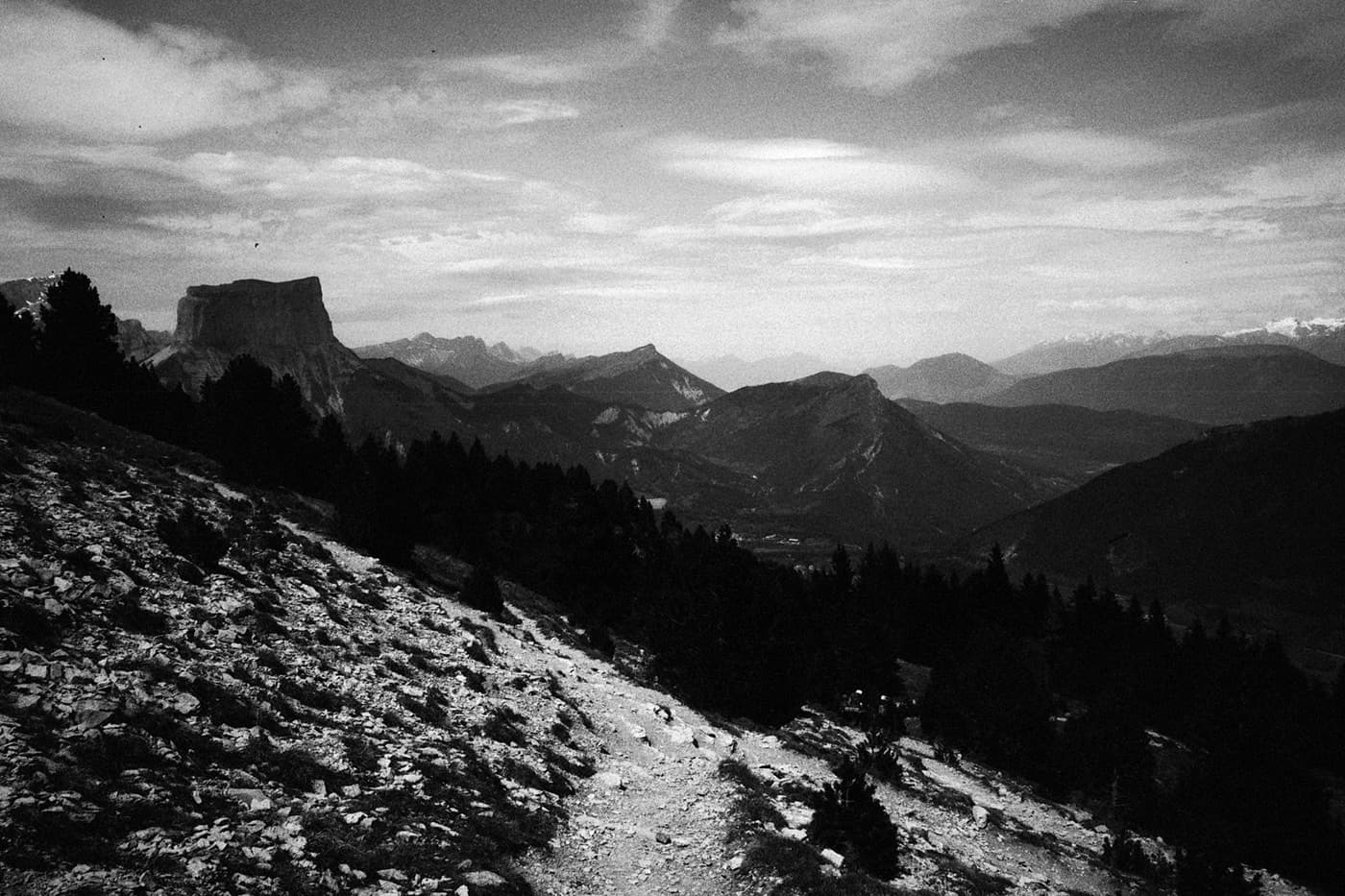 Black and white photograph of mountain landscape around mont aiguille
