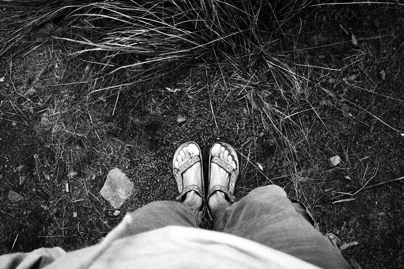 Photographer's feet in sandals on a rural path surrounded by tall grass with one toe wrapped in a bandage