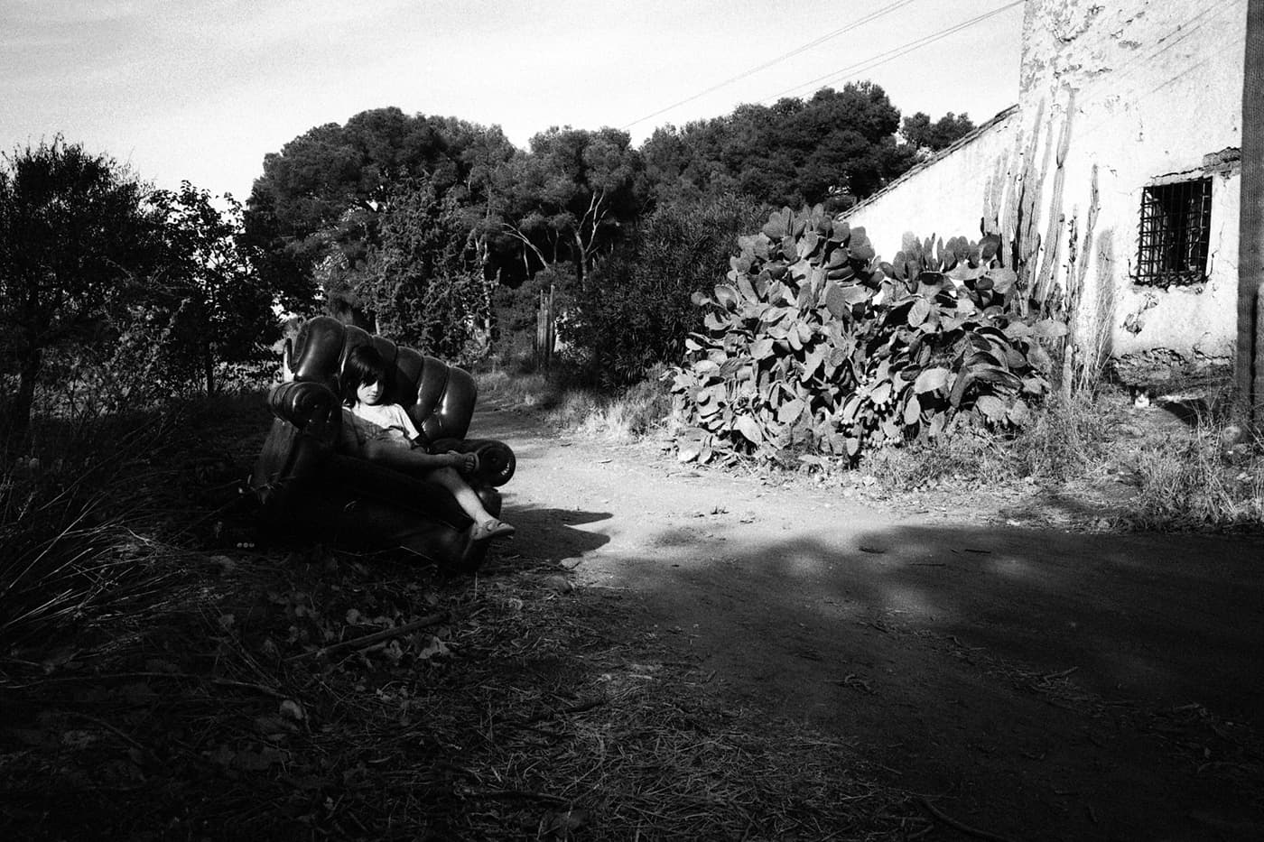 Boy sitting on a leather chair next to a road near a house with cactuses around